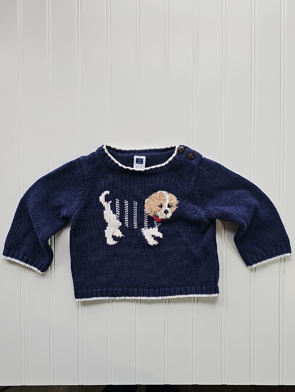 Janie And Jack Navy Sweater White Trim With Dog Graphic Baby Size 6-12 Mos